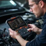 Mechanic Using a Professional Multi-Brand Canbus OBD2 Tester on a Car Engine