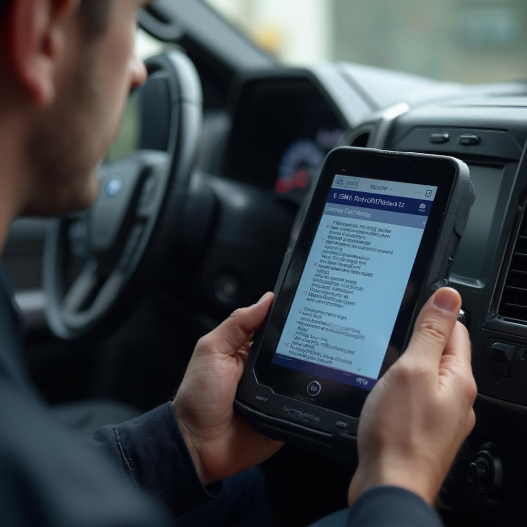 Mechanic reading airbag DTCs on a Ford F-150