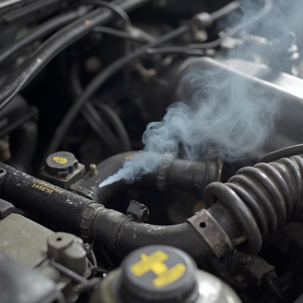 Performing a smoke test on an EVAP system to detect leaks. The image shows smoke escaping from a damaged vacuum line.