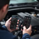 Mechanic using a Snap-on wireless OBD2 scanner to diagnose a car engine problem