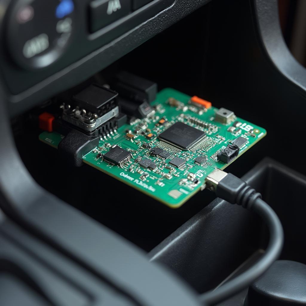 STM-5J6 OBD2 PCB connected to a car's OBD2 port