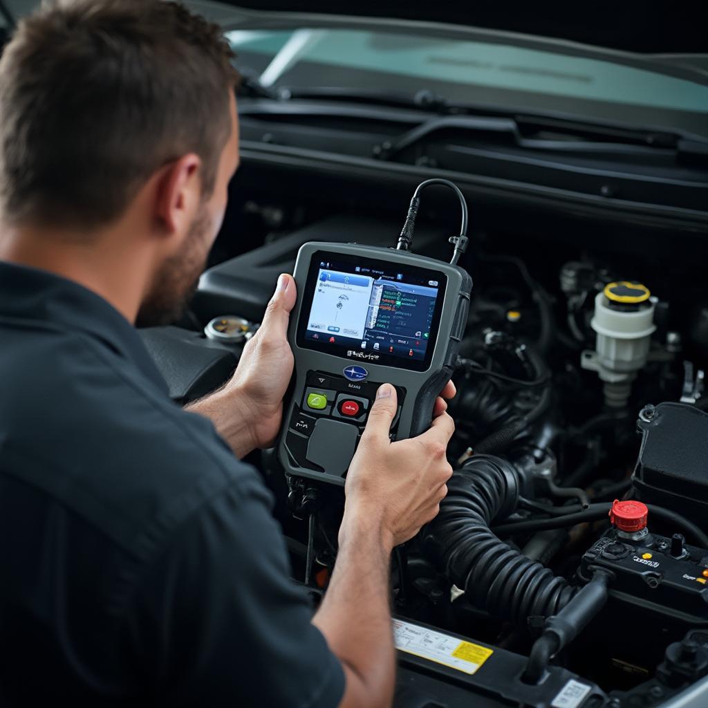 Subaru Mechanic Diagnosing a Problem