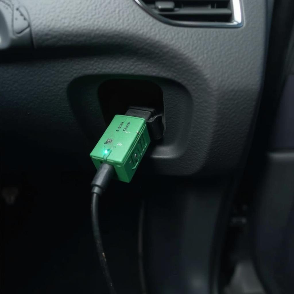 Super OBD2 Green Device Connected to a Car's OBD2 Port