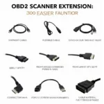 Different types of OBD2 scanner extensions, showcasing variations in length, connector types, and cable materials.