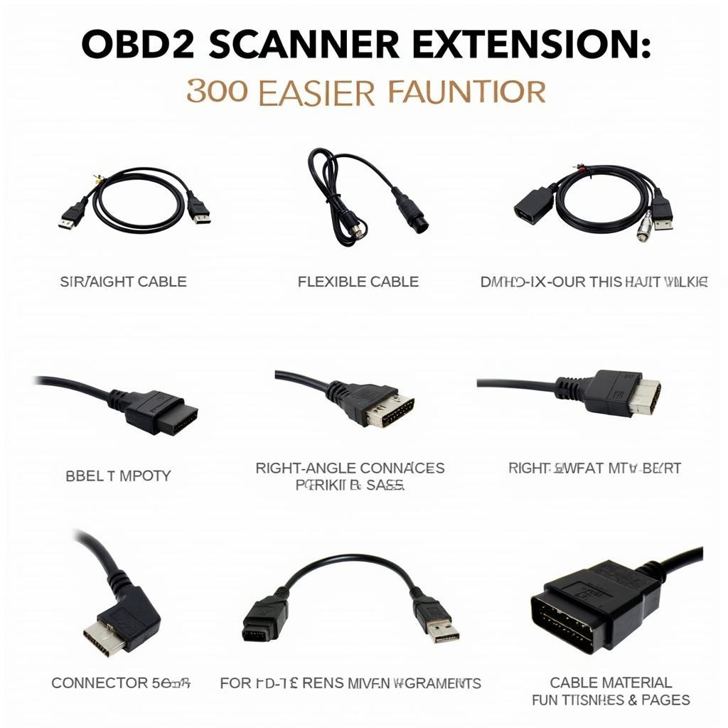 Different types of OBD2 scanner extensions, showcasing variations in length, connector types, and cable materials.