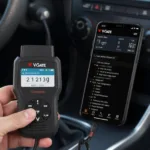 Vgate OBD2 scanner plugged into a car's OBD2 port, displaying diagnostic information on a smartphone.