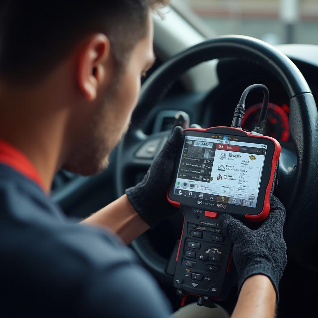 Car OBD2 System Diagnostics: A mechanic uses a professional scan tool to diagnose a car’s OBD2 system.