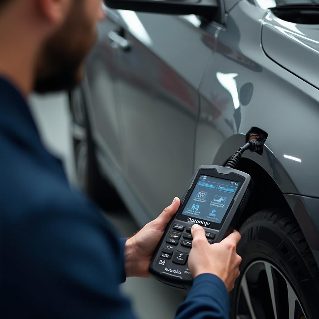 Mechanic Using Autophix OBD2 Scanner in a Workshop