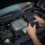 Mechanic using an iPhone OBD2 free app to diagnose a car problem