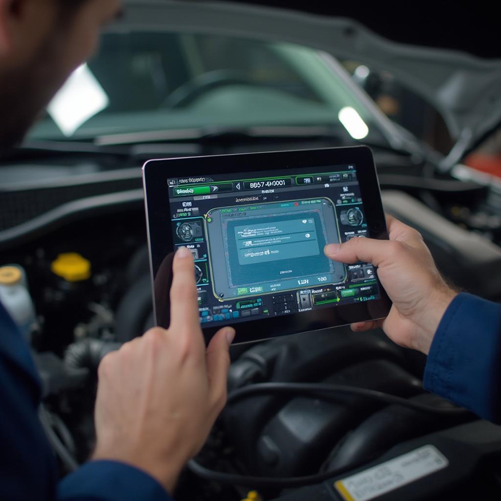 Mechanic using OBD2 app on iPad