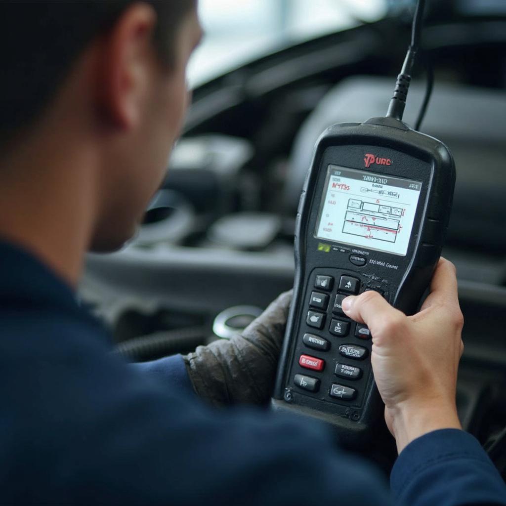 Mechanic Using an OBD2 Scanner in a Workshop