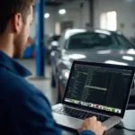 Mechanic using free online OBD2 software on a laptop to diagnose a car