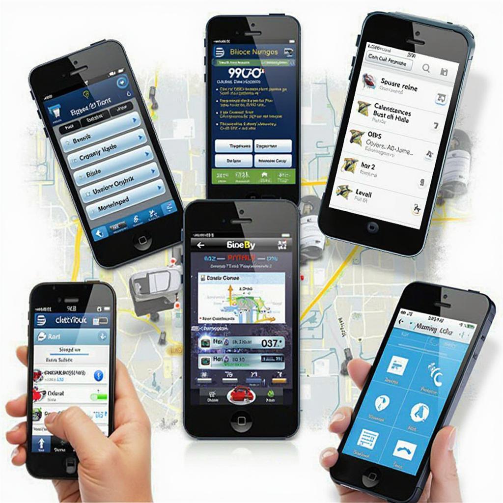 Smartphone displaying various OBD2 app interfaces, showcasing different features and data presentations.