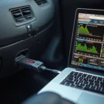 OBD2 scanner connected to a laptop via USB cable