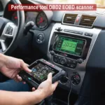 A performance tool OBD2 EOBD scanner plugged into a car's OBD2 port, displaying real-time data on its screen.