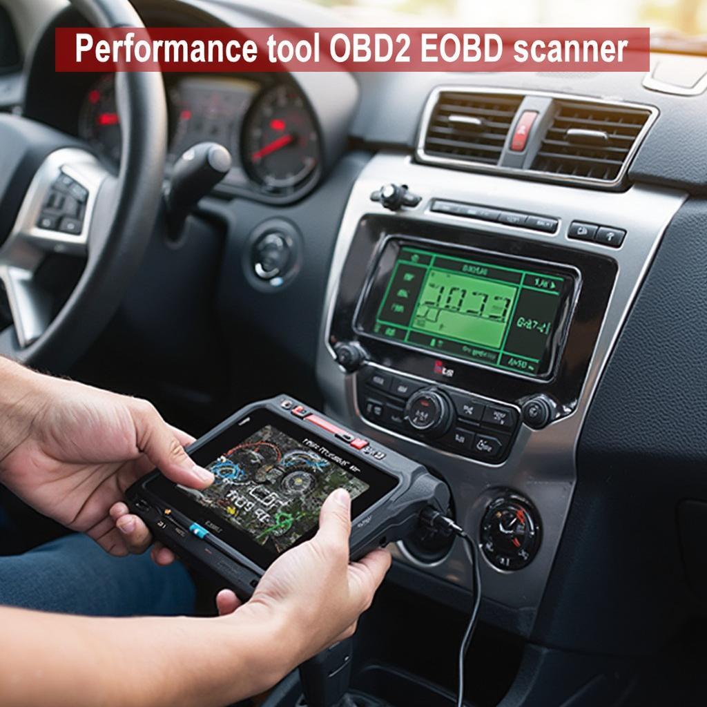 A performance tool OBD2 EOBD scanner plugged into a car's OBD2 port, displaying real-time data on its screen.