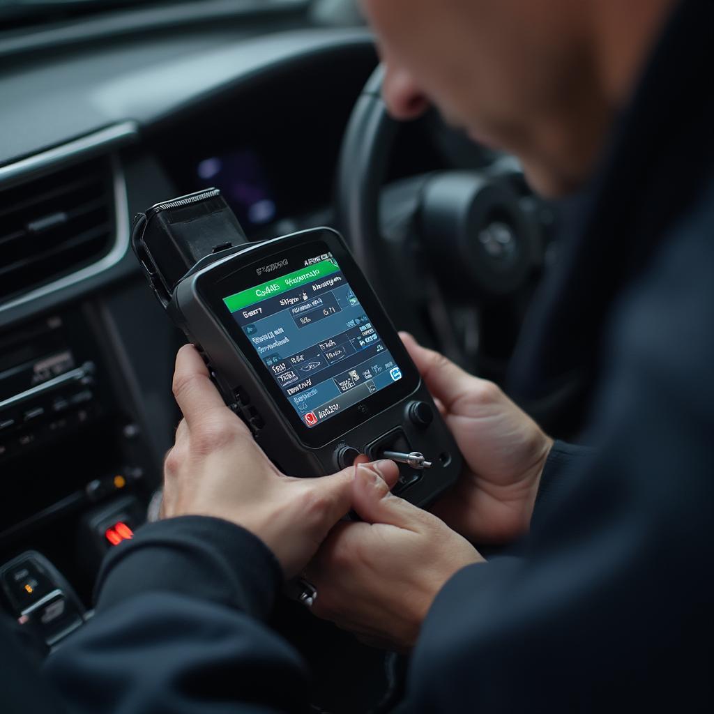 Mechanic using an OBD2 scanner to diagnose ABS issues