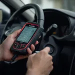 SeekOne OBD2 scanner being used by a car owner at home