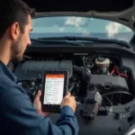 Mechanic Using a Wireless OBD2 Scanner to Diagnose a Car Problem